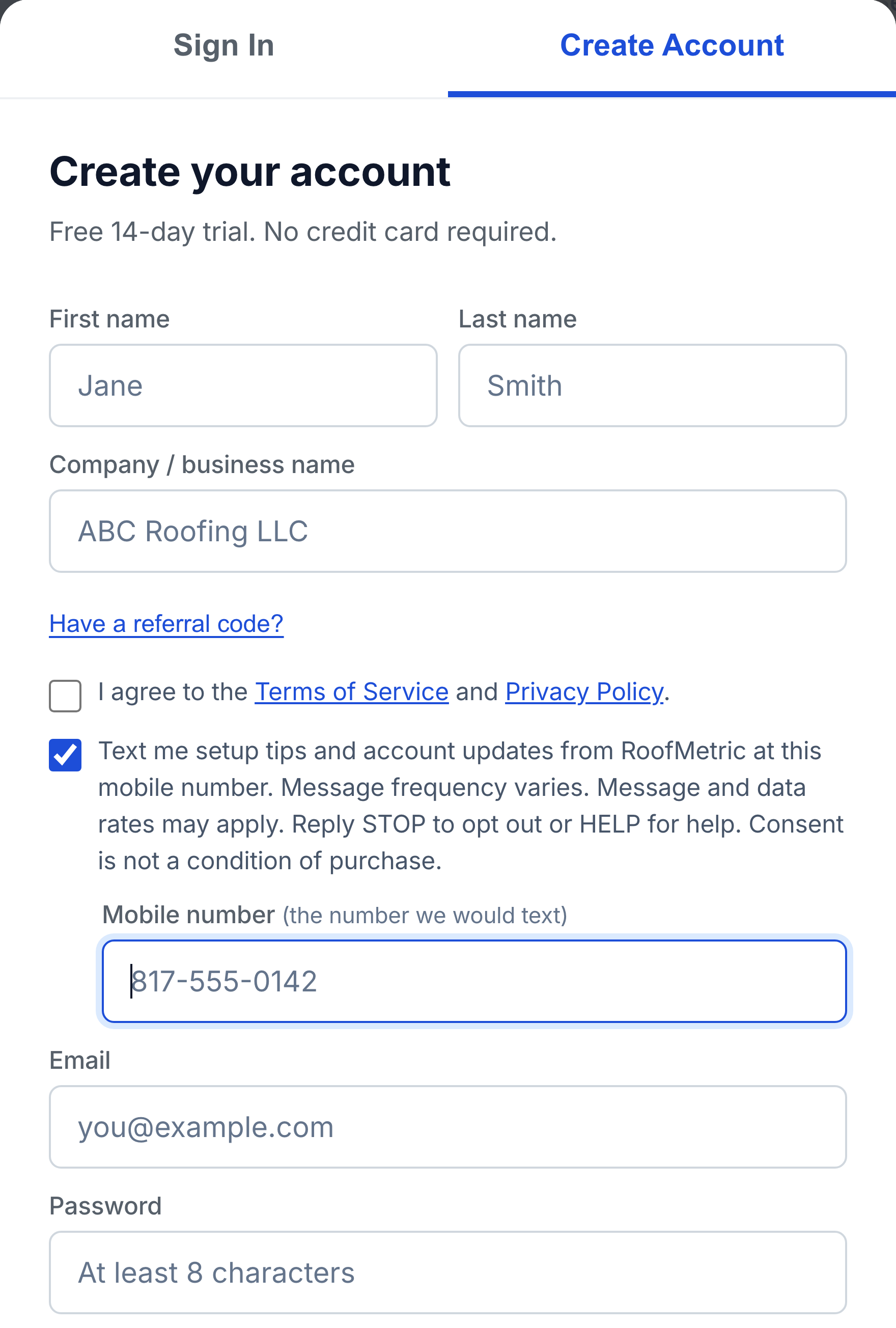 The same form after ticking the text message checkbox. A Mobile number field has appeared directly beneath it.